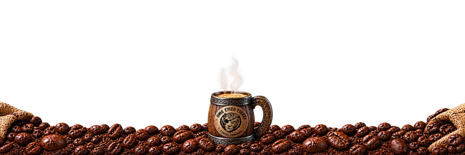 One Eyed Tiger Viking mug sitting in coffee beans across the bottom of the page