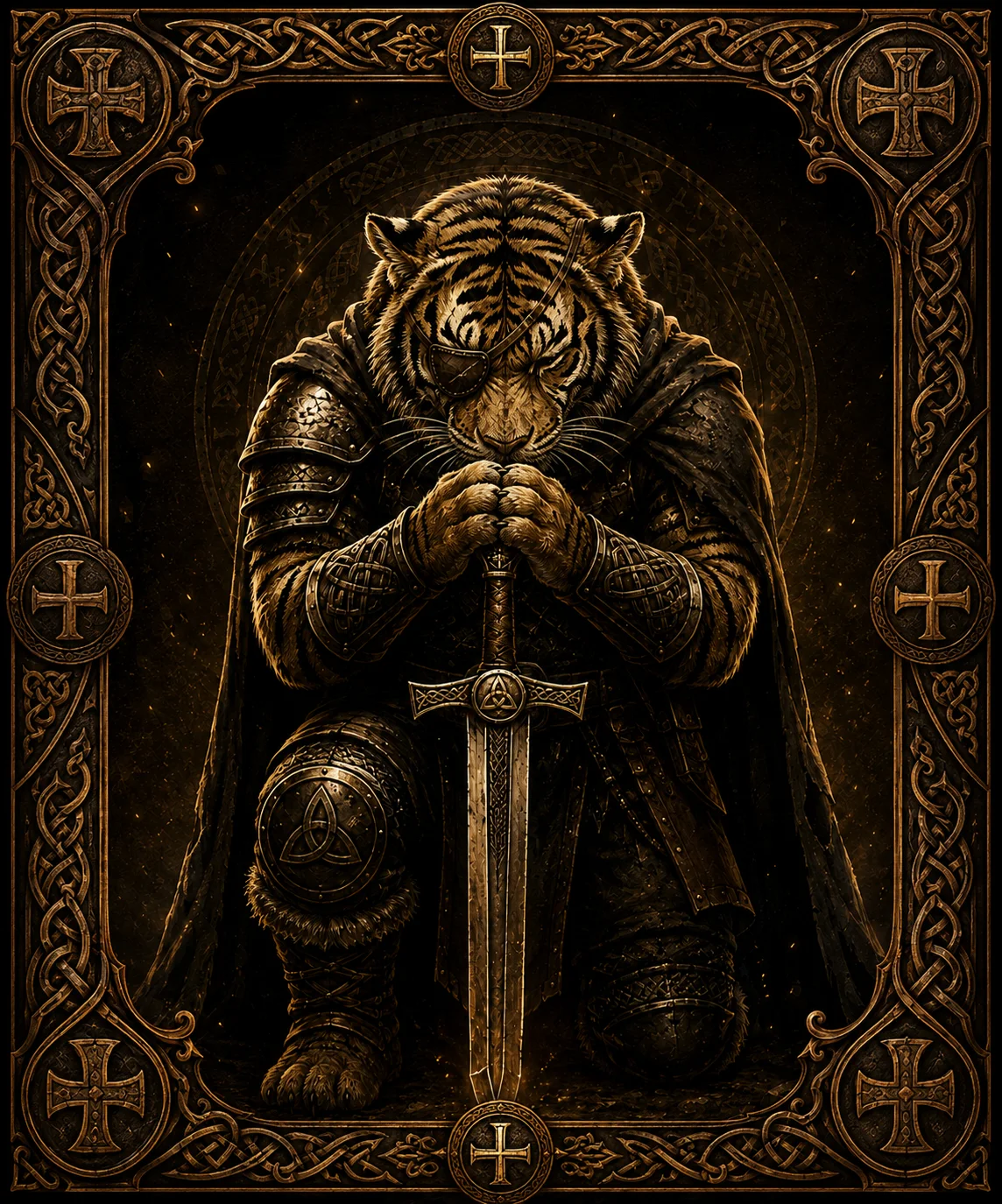 One eyed tiger warrior kneeling in prayer with a sword
